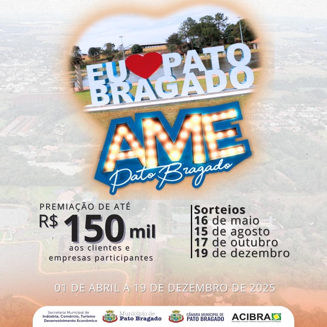 A Prefeitura de Pato Bragado realiza nesta sexta-feira, 16 de maio, o primeiro sorteio da campanha “AME PATO BRAGADO” 2025.