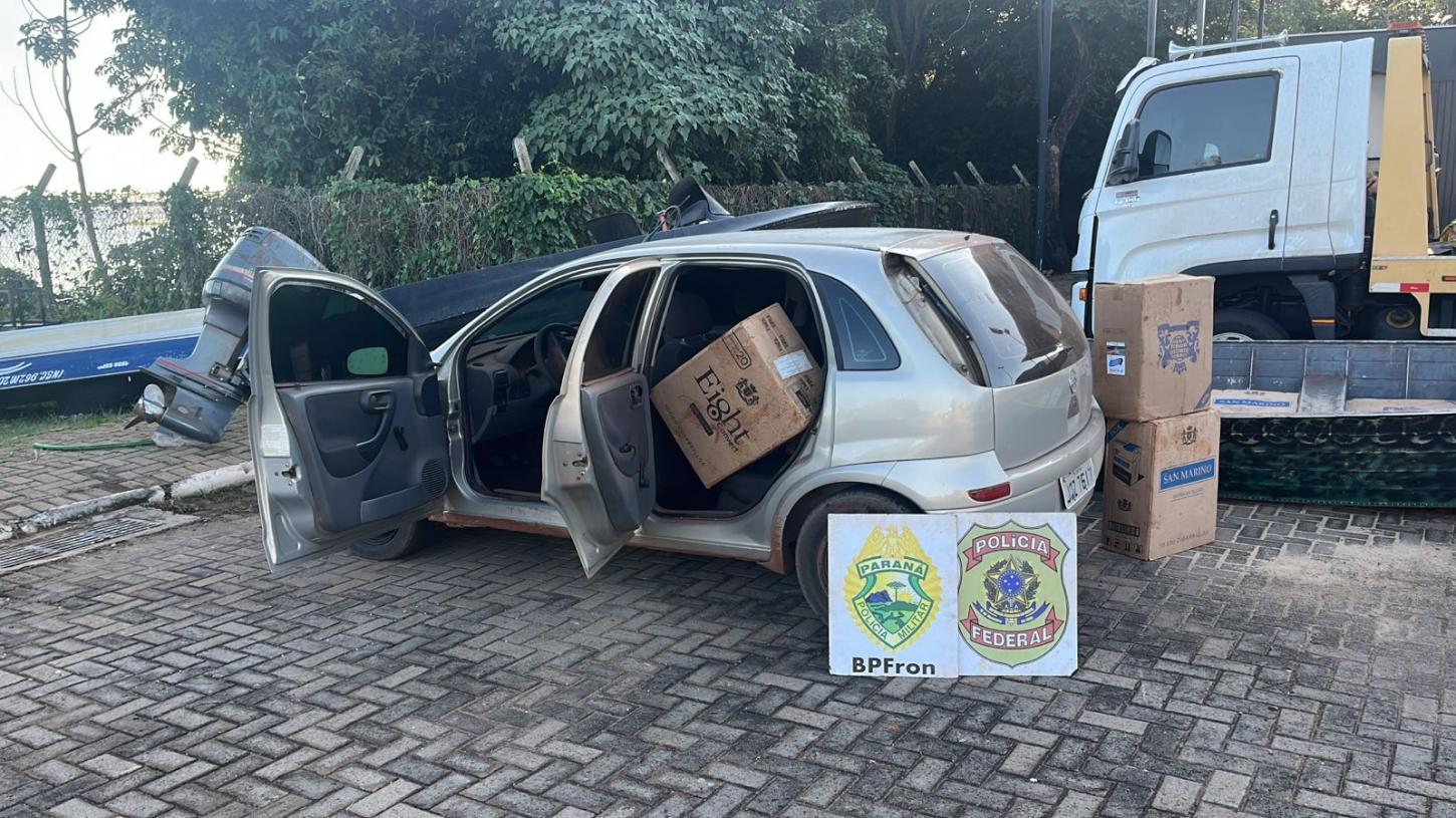 PF e BPFRON apreendem embarcação e veículo carregados com 750 pacotes de cigarros contrabandeados em Mercedes-PR