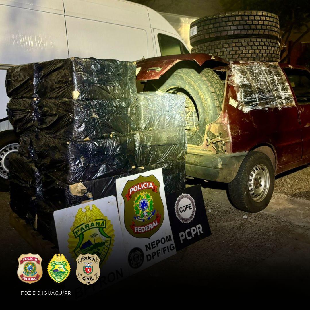 PF, PC e PMPR Fiat Uno com cigarros e pneus contrabandeados em foz