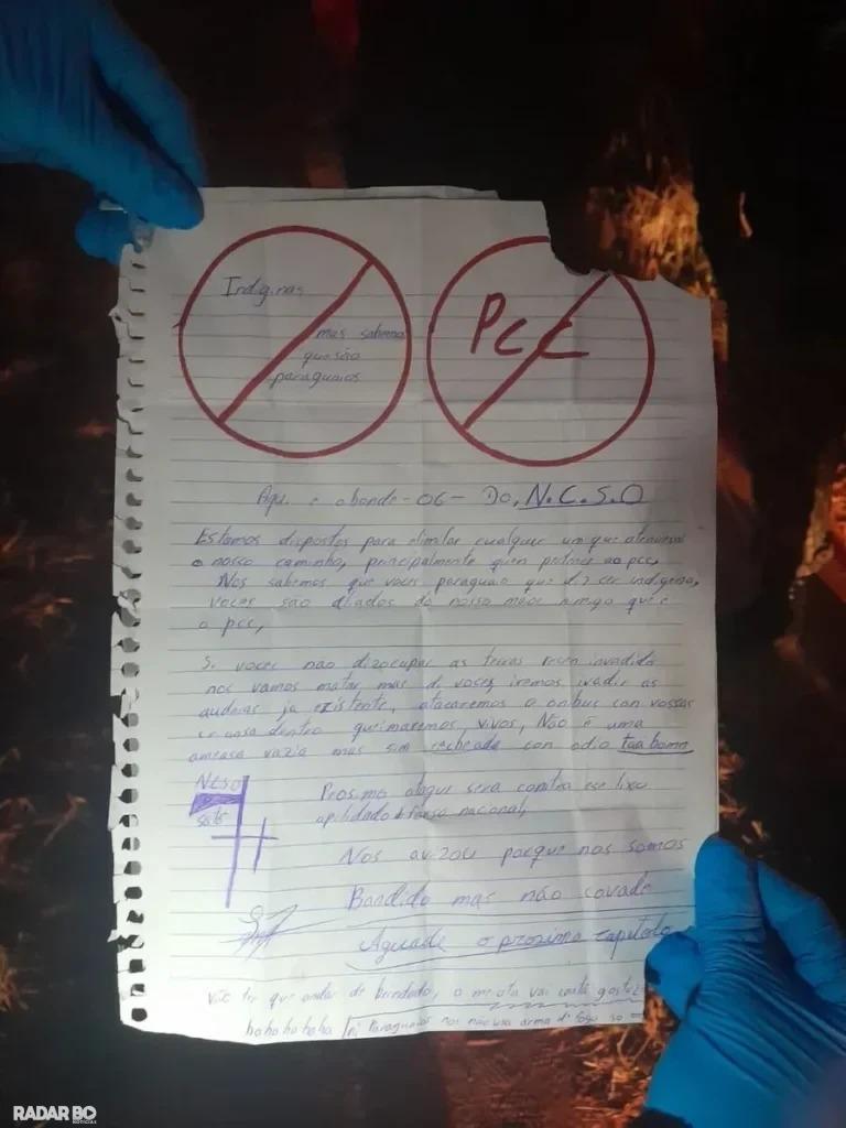 Carta ameaçadora com menção ao PCC é achada junto à cabeça de indígena decapitado em Guaíra