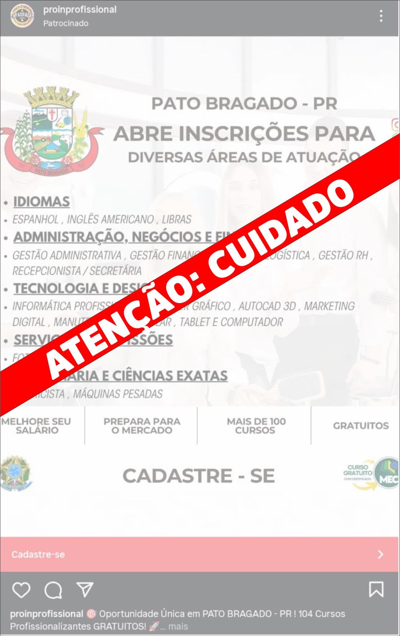 Prefeitura de Pato Bragado alerta sobre uso indevido do brasão municipal em anúncios