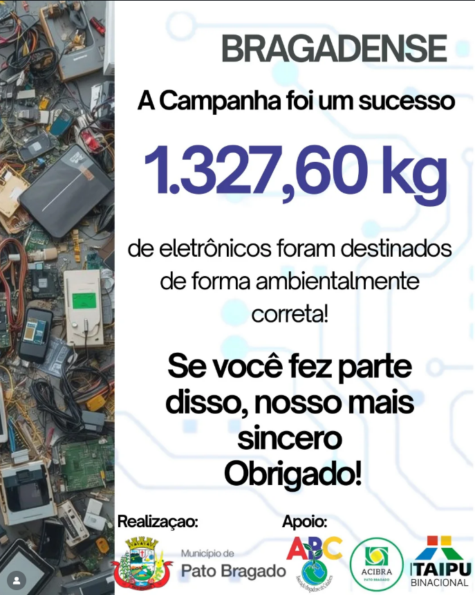 Pato Bragado destina mais de 1,3 tonelada de eletrônicos à reciclagem em campanha ambiental