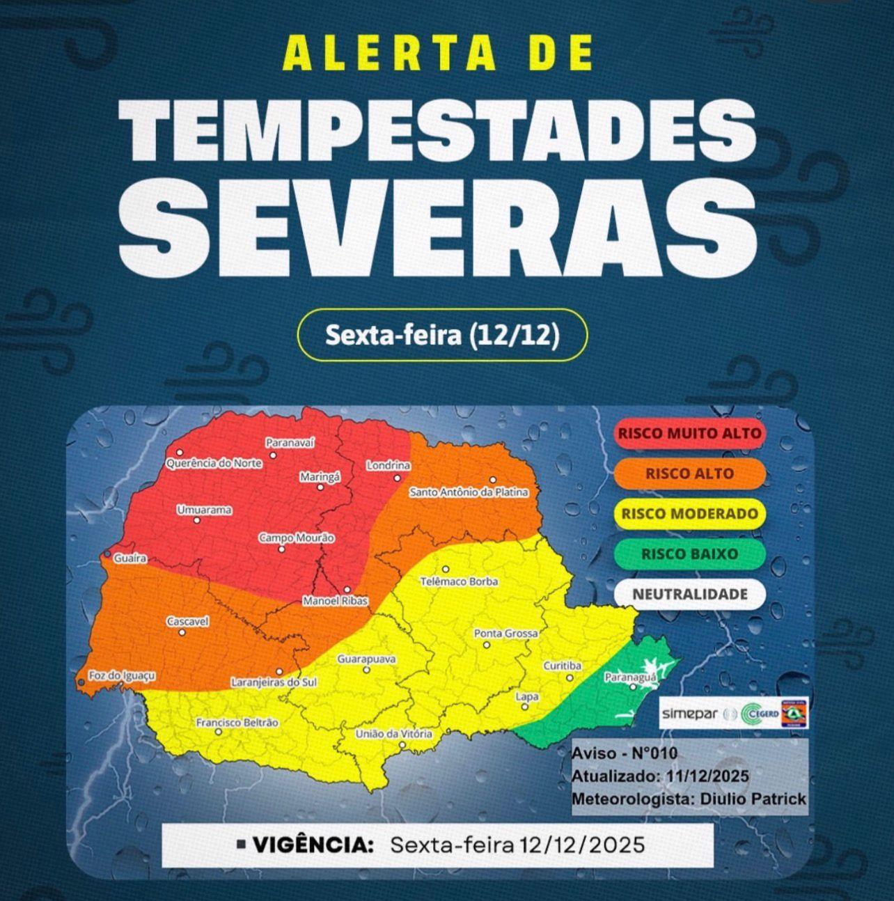 Tempestades avançam pelo Paraná e acumulados podem passar de 80 mm, alerta Simepar
