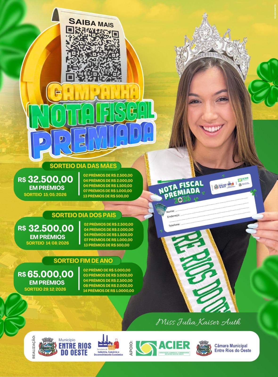 ENTRE RIOS DO OESTE LANÇA CAMPANHA NOTA FISCAL PREMIADA COM R$ 130.000 EM PRÊMIOS