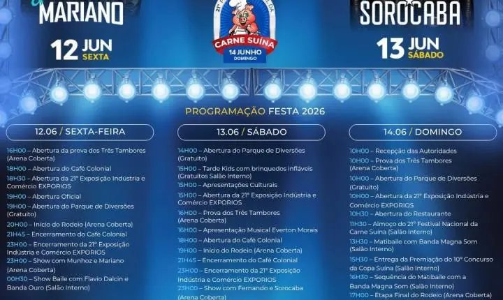 Programação da 21ª Festa Nacional da Carne Suína de Entre Rios do Oeste